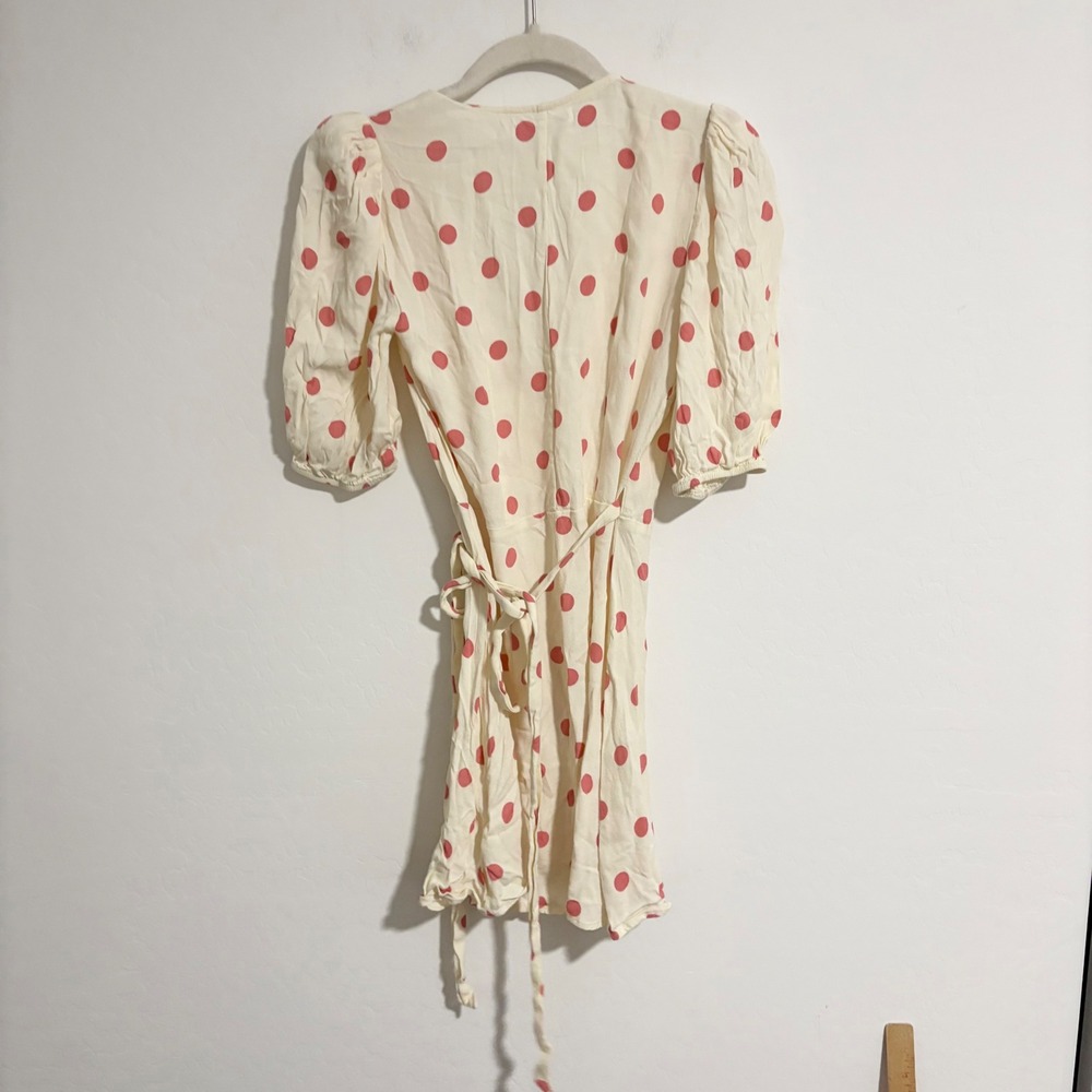 Reformation Olince Polka Dot Crepe Mini Wrap Dress Cream Pink Puff Sleeve Small - Picture 2 of 7